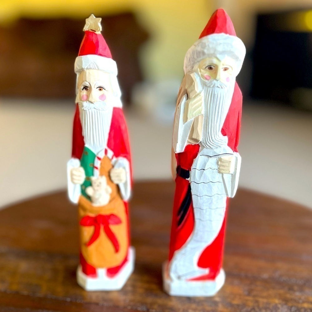 Set of 2 Vintage handcarved wood Santas